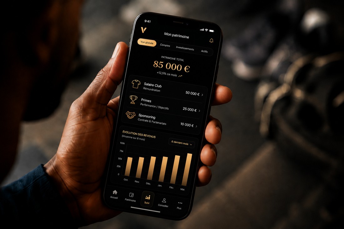 Aperçu de l'application VECTORA affichant le suivi du patrimoine d'un sportif professionnel